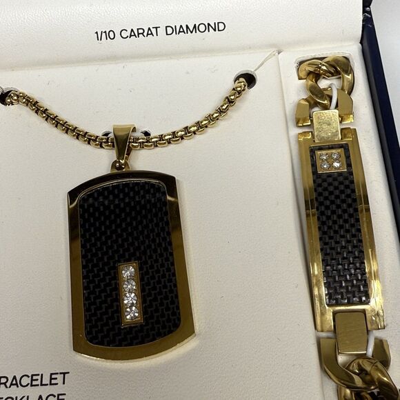 bon voyage Men’s Gold Stainless Steel Dog Tag Necklace & Bracelet Gift Set New - Picture 3 of 7